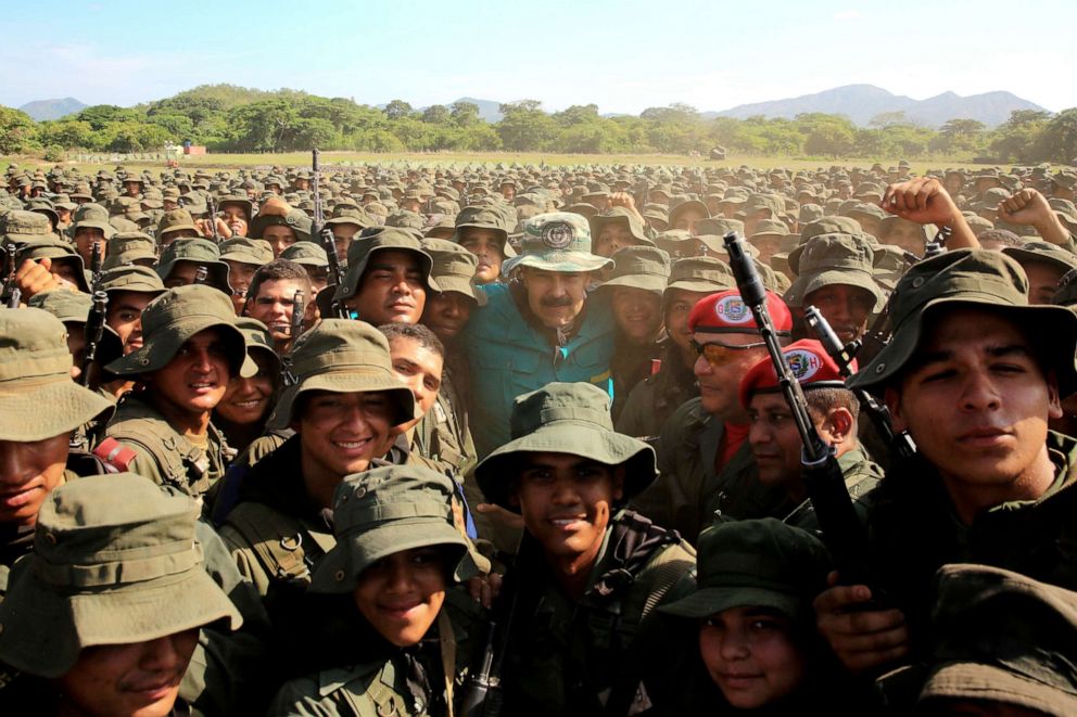 PHOTO: Venezuela's President Nicolas Maduro poses with soldiers during his visit to a military training center in El Pao, Venezuela, May 4, 2019.