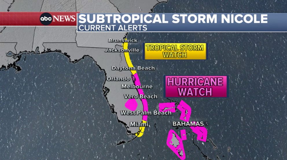 Foto: Hurricane Watches sind von den Bahamas und Cape Canaveral bis nach West Palm Beach in Kraft;  Tropische Sturmuhren von Miami und Daytona bis Southeast Ga. in der ABC-Wettergrafik, die am 7. November 2022 um 13:00 Uhr veröffentlicht wurde.