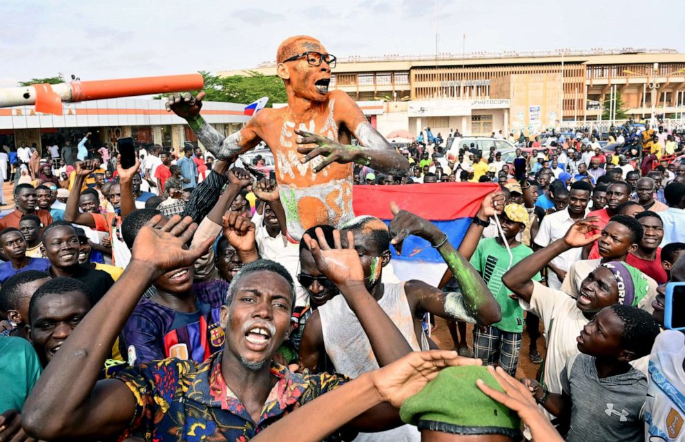 PHOTO: Supporters of Niger's National Council for the Safeguard of the Homeland (CNSP) demonstrate in Niamey on Aug. 6, 2023.