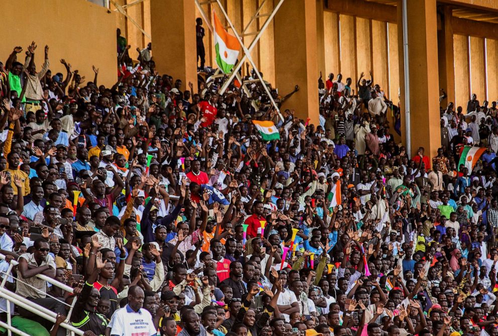 PHOTO: Supporters of Niger's coup leaders take part in a rally at a stadium in Niamey, Niger, Aug. 6, 2023.