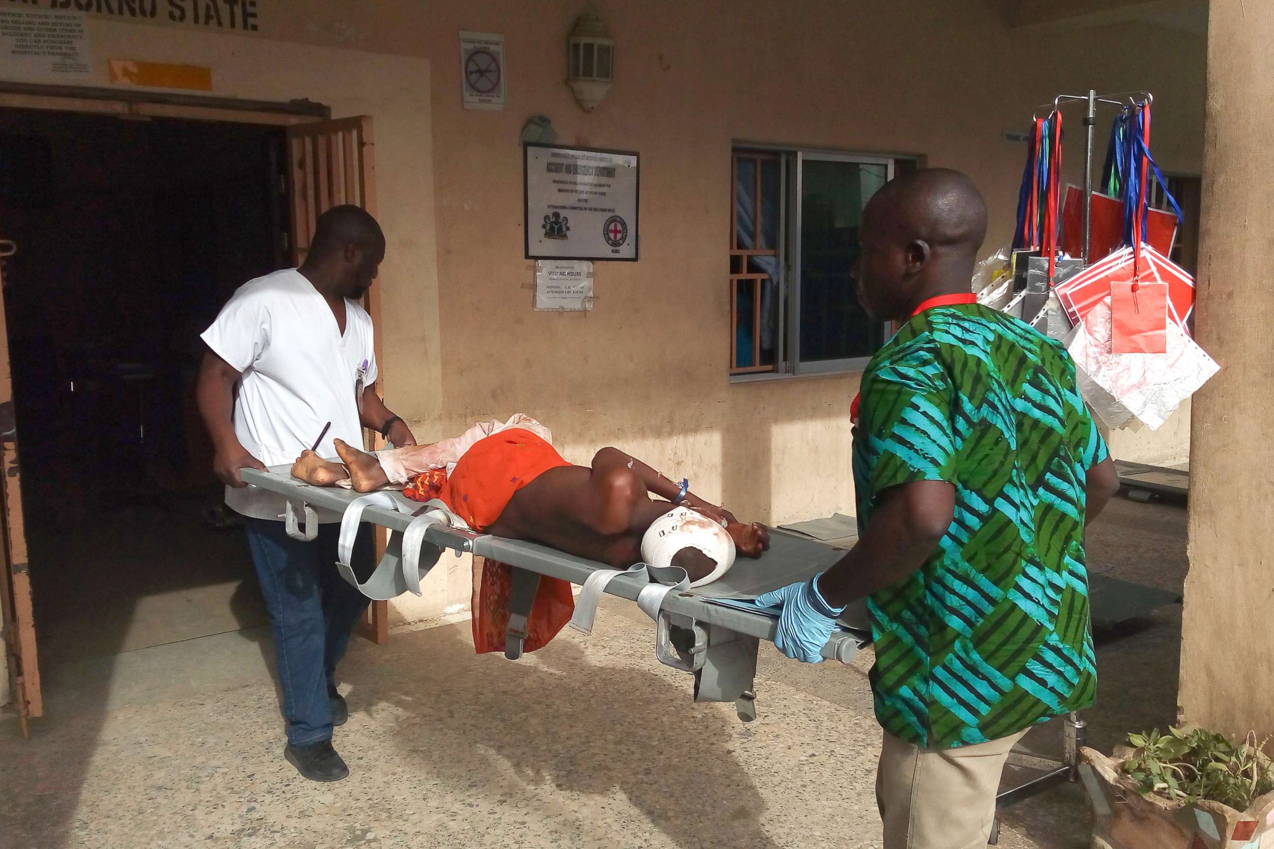 PHOTO: Paramedics stretcher a victim of a blast at the hospital in Maiduguri, Nigeria, June 17, 2018.