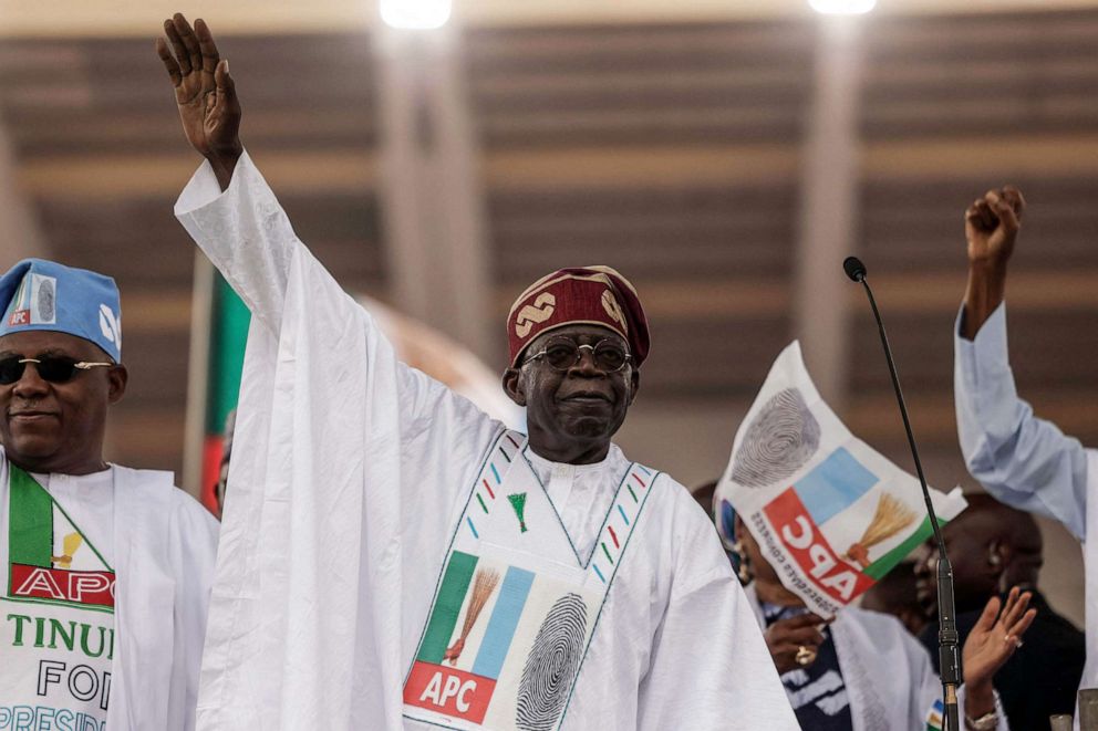 PHOTO: Bola Tinubu, presidential candidate of the All Progressives Congress (APC) party, gestures toward the crowd during a campaign rally at Teslim Balogun Stadium in Lagos, Nigeria, on Feb. 21, 2023.