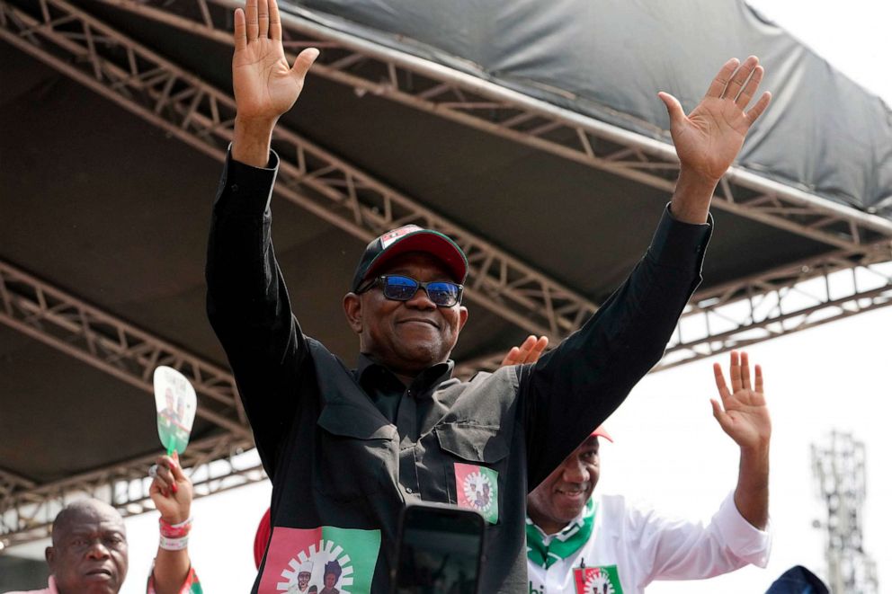 PHOTO: Peter Obi, presidential candidate of the Labour Party, waves to his supporters during a campaign rally at the Tafawa Balewa Square in Lagos Nigeria, on Feb. 11, 2023.