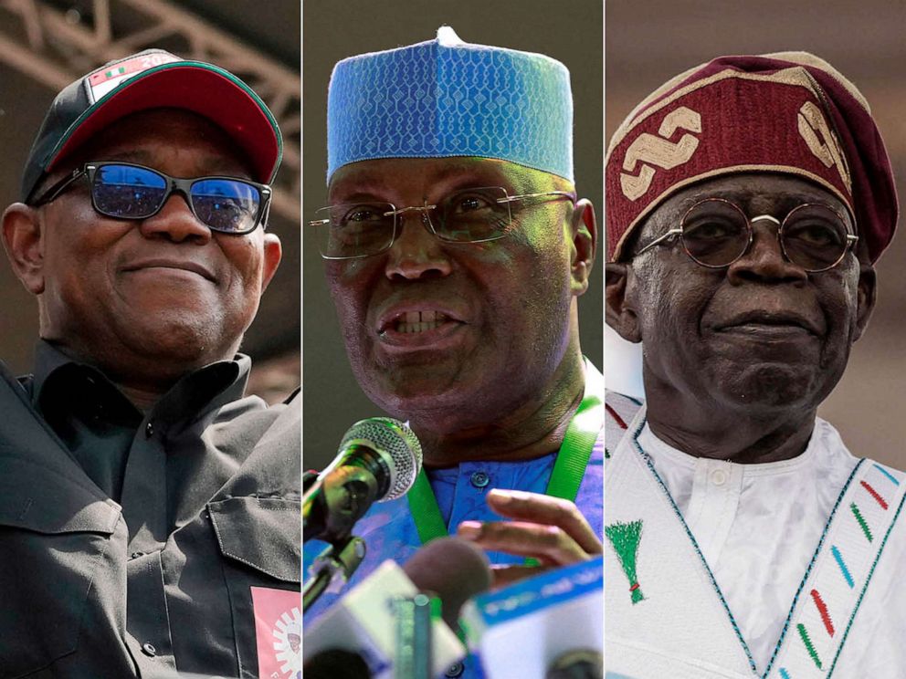 PHOTO: Left to right: Peter Obi of Nigeria's Labour Party; former Nigerian Vice President Atiku Abubakar of the Peoples Democratic Party (PDP); and Bola Tinubu of Nigeria's All Progressives Congress (APC) party are seen in this combination split photo.