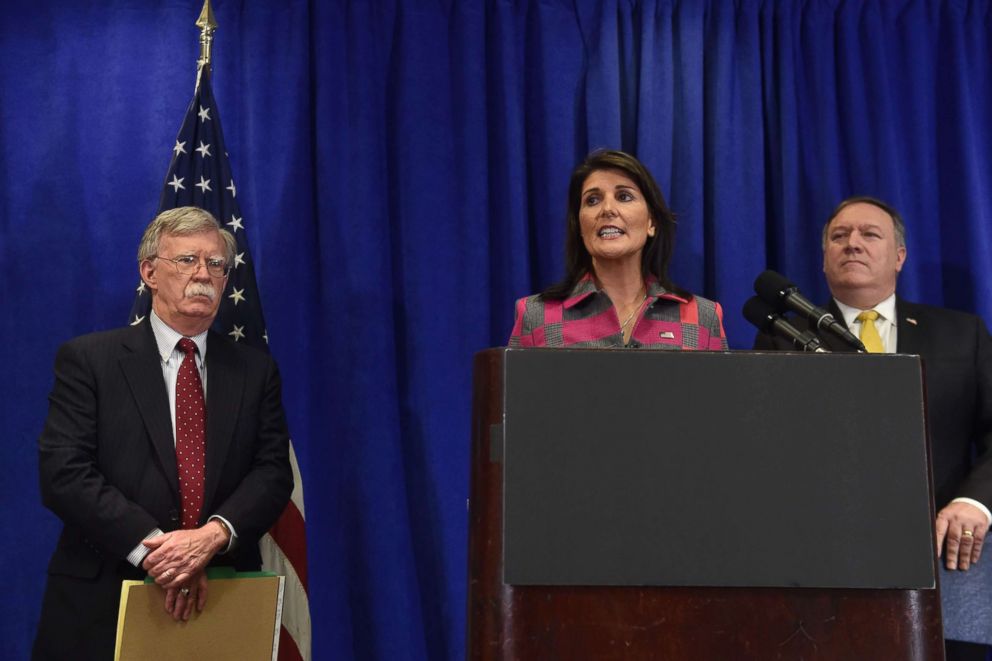 PHOTO: US Ambassador Nikki Haley (C), US Secretary of State Mike Pompeo (R) and US national security adviser John Bolton (L) give a press briefing in New York on Sept. 24, 2018 on the sidelines of the annual United Nations General Assembly.