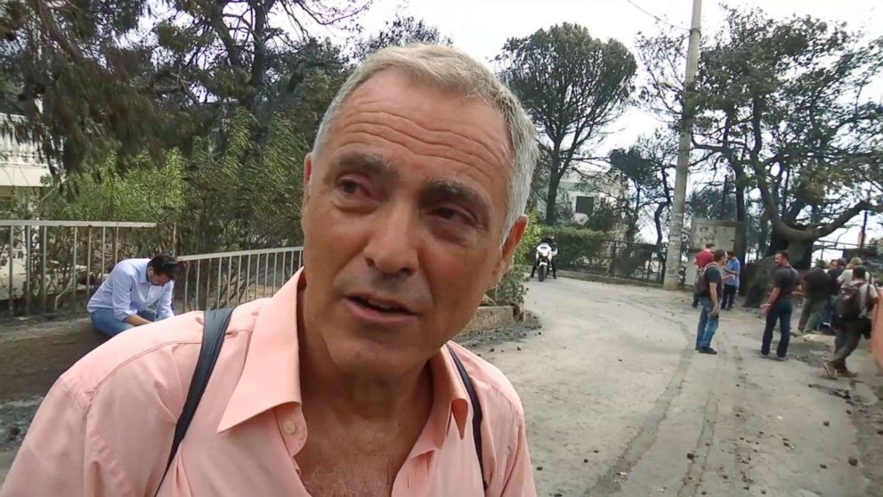 PHOTO: Nikos Stavrinidis tells how he escaped from the Greek forest fire, in Mati, near Athens, July 24, 2018.