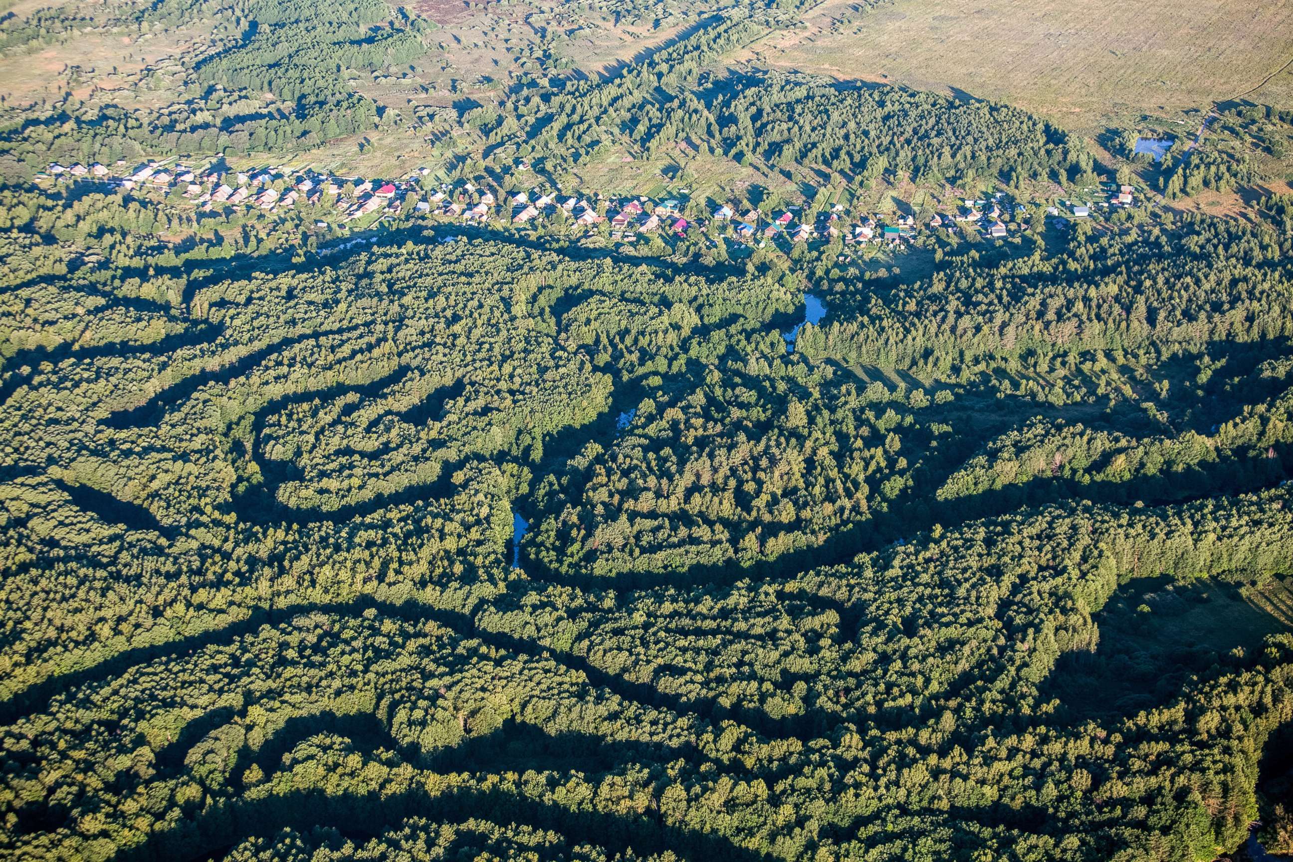 PHOTO: In this July 31, 2018, file photo, an aerial view of houses in a forest near the village of Merinovo is shown in the Nizhny Novgorod region of Russia.