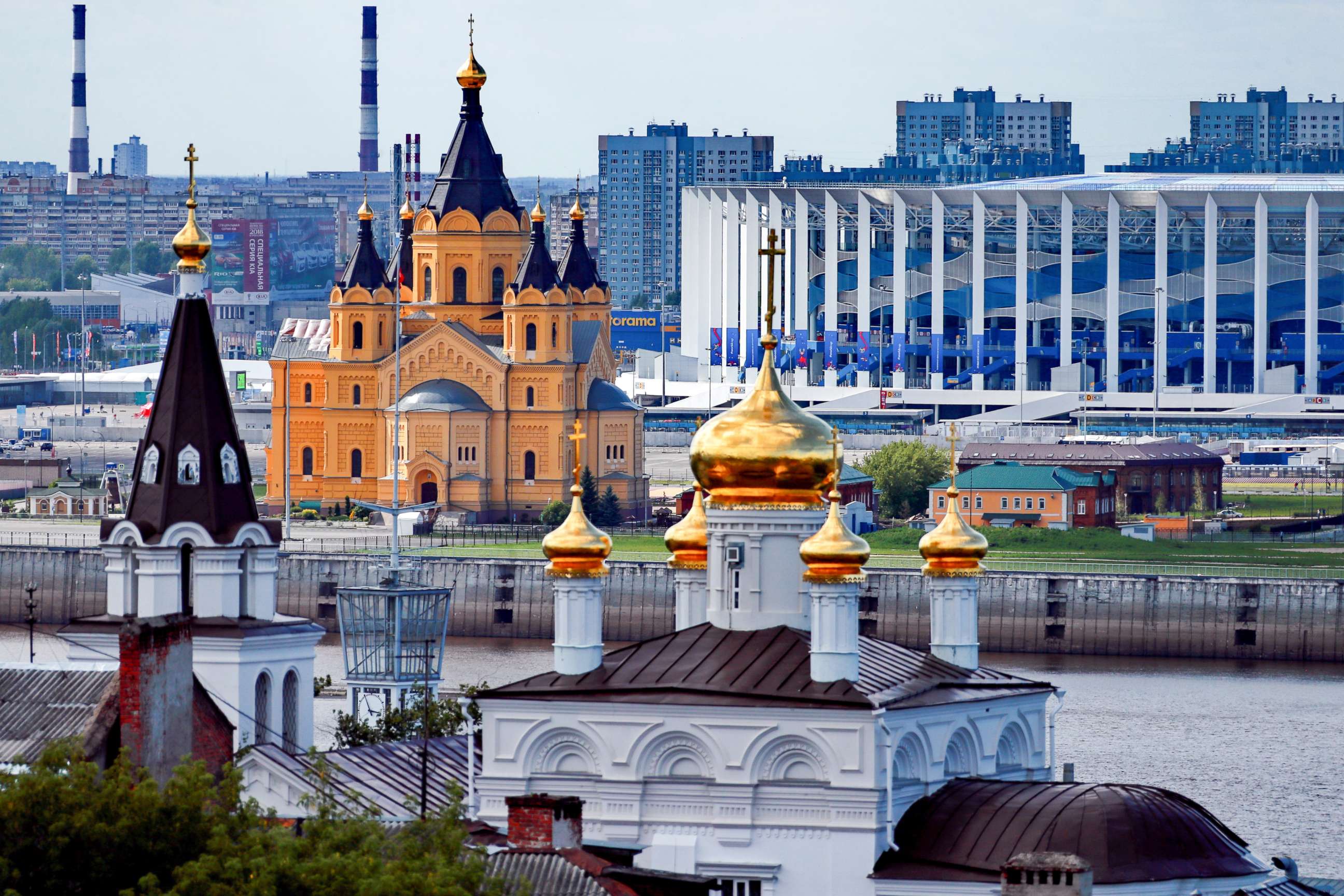 PHOTO: The Alexander Nevsky Cathedral and Nizhny Novgorod Stadium sit in Nizhny Novgorod, Russia, June 21, 2018.