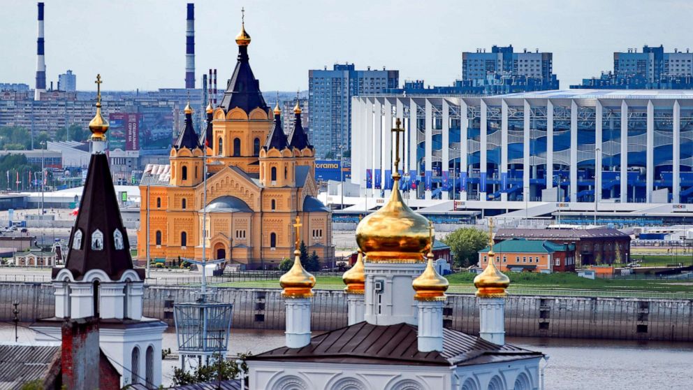 PHOTO: The Alexander Nevsky Cathedral and Nizhny Novgorod Stadium sit in Nizhny Novgorod, Russia, June 21, 2018.
