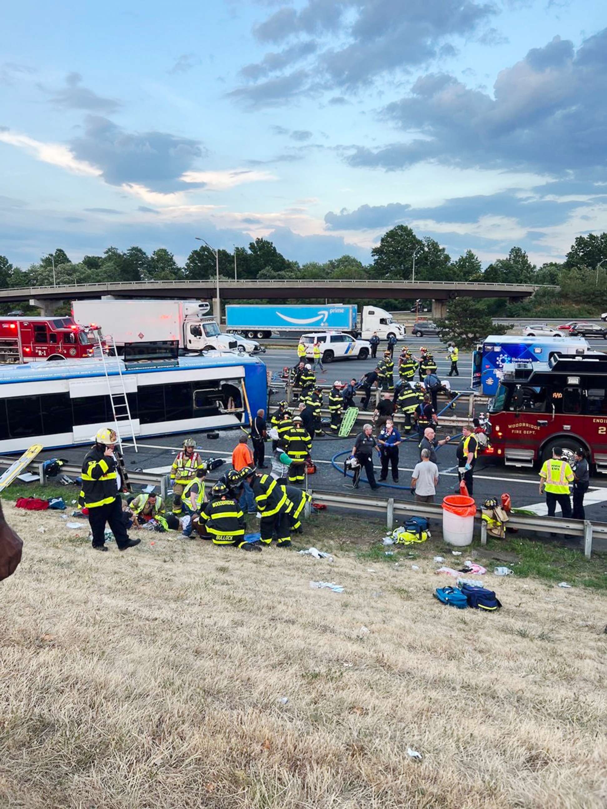 PHOTO: Emergency responders attend to the scene of a bus accident on the Turnpike in Woodbridge, N.J., Aug. 9, 2022.