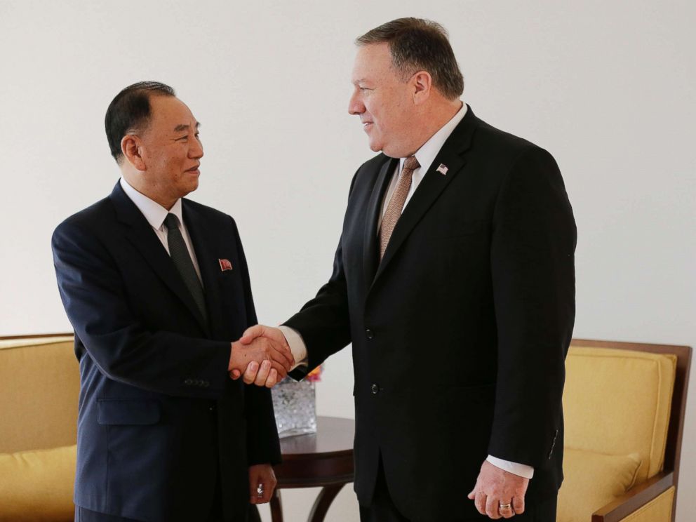 PHOTO: Kim Yong Chol, left, former North Korean military intelligence chief and one of leader Kim Jong Un's closest aides, shakes hands with U.S. Secretary of State Mike Pompeo during a meeting, May 31, 2018, in New York.