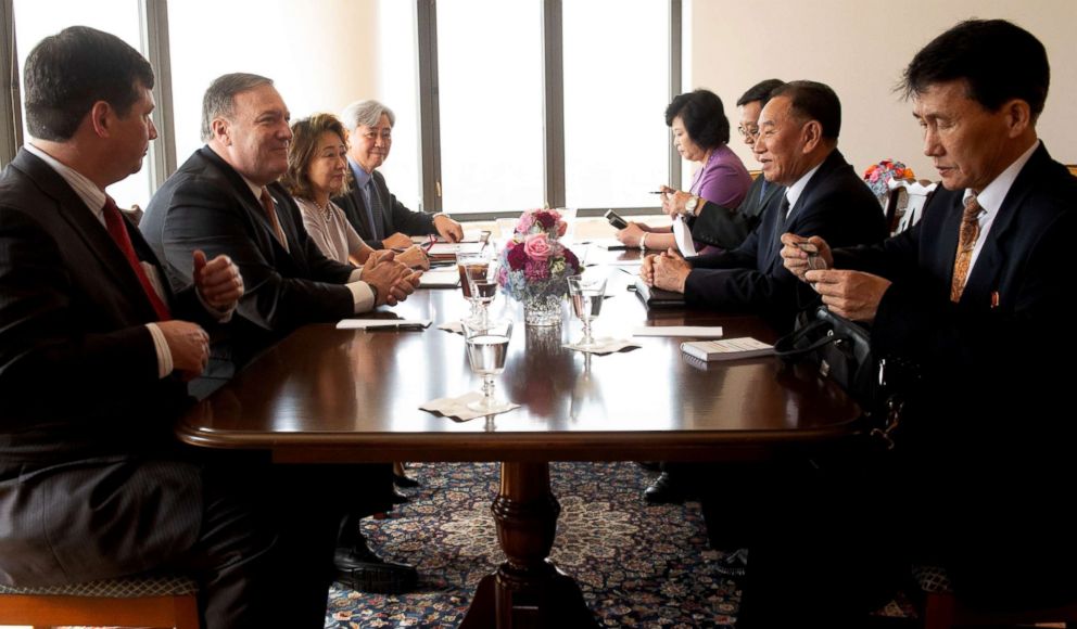 PHOTO: North Korea Vice-Chairman Kim Yong-chol, right, meets with United States Secretary of State Mike Pompeo, left, May 31, 2018 in New York.