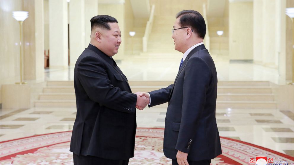 PHOTO: North Korean leader Kim Jong-Un shakes hands with South Korean chief delegator Chung Eui-yong ,March 5, 2018, during their meeting in Pyongyang, North Korea.