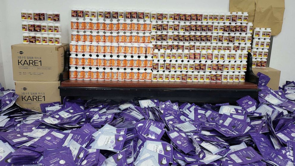 PHOTO: Boxes of masks, pain relief pills, and vitamin C are stacked up in the Fighters For North Korea office in South Korea, June 28, 2022.