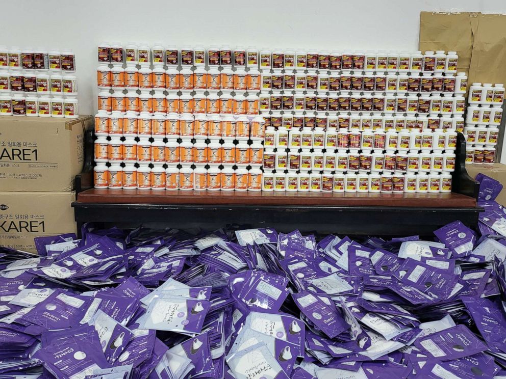 PHOTO: Boxes of masks, pain relief pills, and vitamin C are stacked up in the Fighters For North Korea office in South Korea, June 28, 2022.