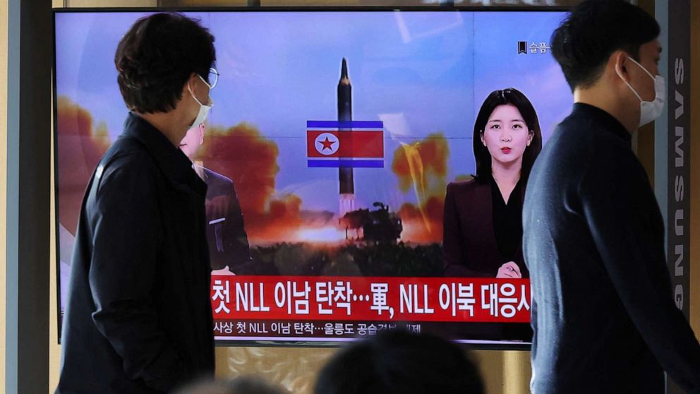 PHOTO: People watch a TV broadcasting a news report on North Korea firing a ballistic missile off its east coast, in Seoul, South Korea, Nov. 2, 2022.