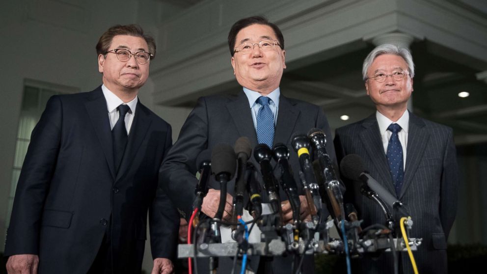 PHOTO: South Korean National Security Director Chung Eui-yong, center, makes a statement outside the White House March 8, 2018,  announcing that North Korean leader Kim Jong-Un has invited President Donald Trump to meet face to face. 