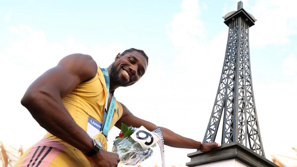 PHOTO: Gold medalist Noah Lyles poses with a miniature Eiffel Tower after winning the men's 200 meter final on Day Nine of the 2024 U.S. Olympic Team Track & Field Trials at Hayward Field on June 29, 2024 in Eugene, Oregon. 