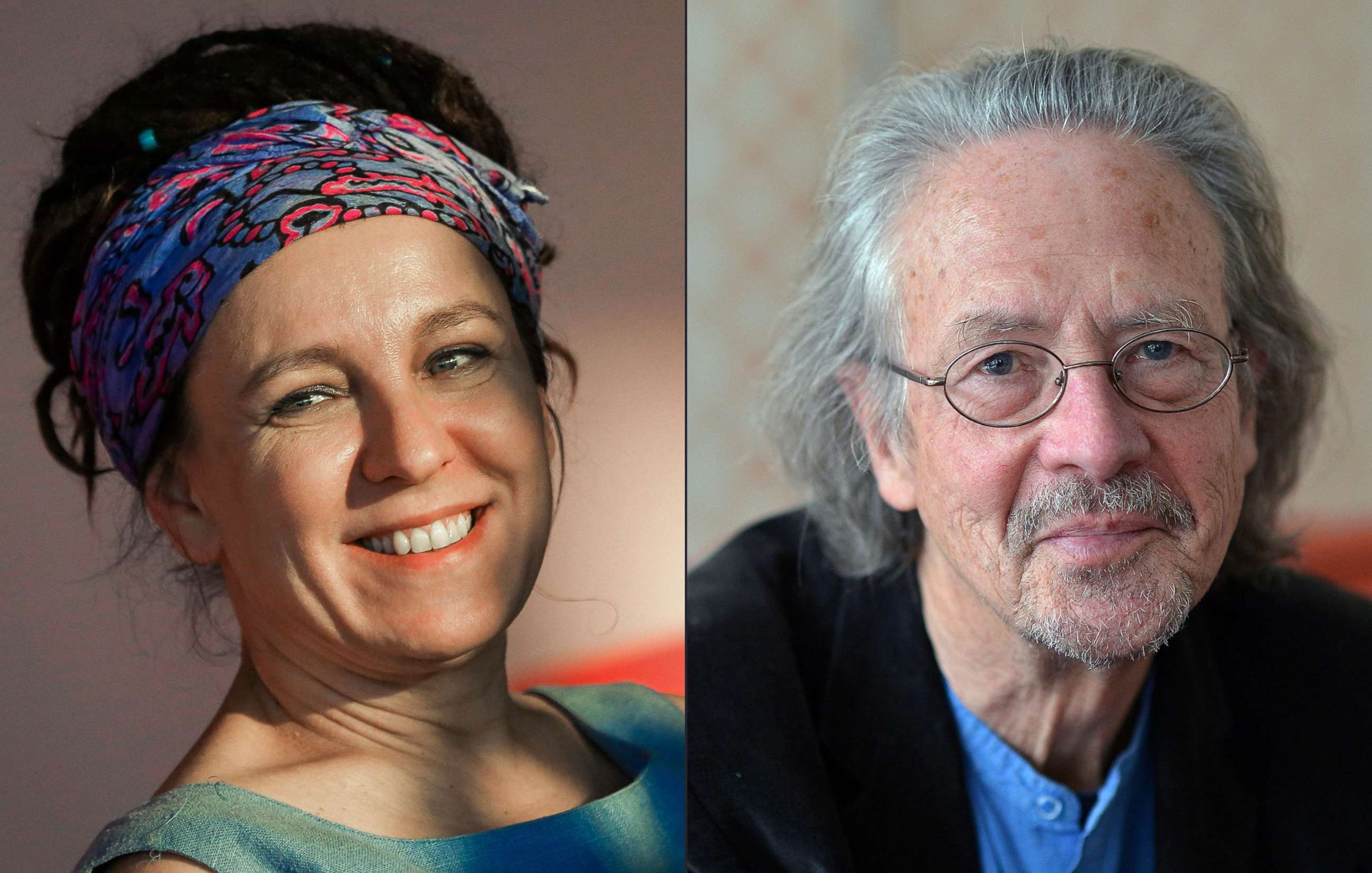 PHOTO: Polish author Olga Tokarczuk, left, and Austrian novelist and playwright Peter Handke, right. Tokarczuk won the 2018 Nobel Literature Prize, which was delayed over a sexual harassment scandal, and Peter Handke took the 2019 award.