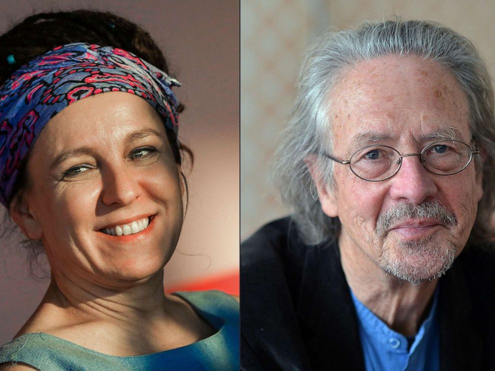 PHOTO: Polish author Olga Tokarczuk, left, and Austrian novelist and playwright Peter Handke, right. Tokarczuk won the 2018 Nobel Literature Prize, which was delayed over a sexual harassment scandal, and Peter Handke took the 2019 award.