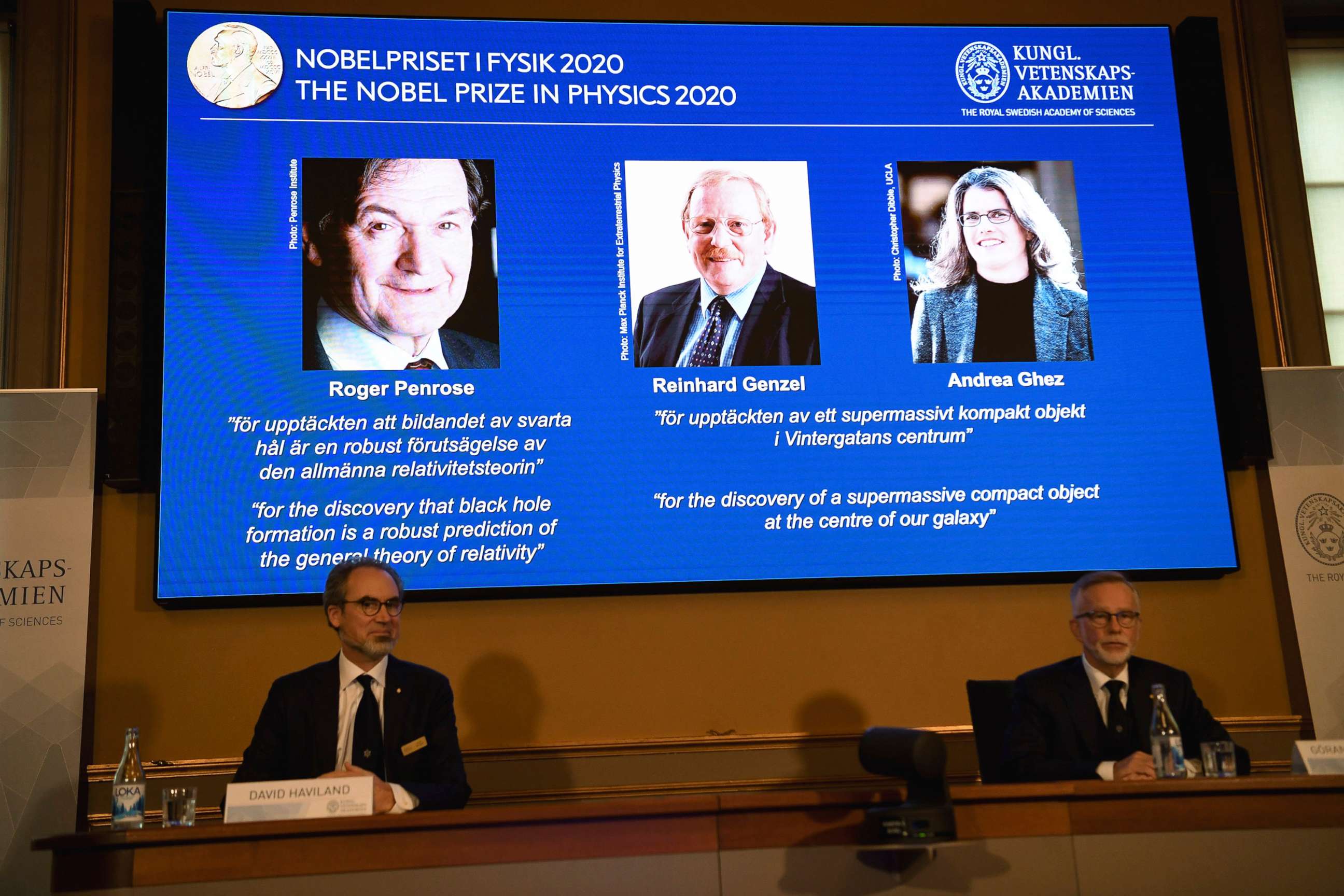 PHOTO: The winners of the 2020 Nobel Prize in Physics are announced during a news conference at the Royal Swedish Academy of Sciences, in Stockholm, Oct. 6, 2020.