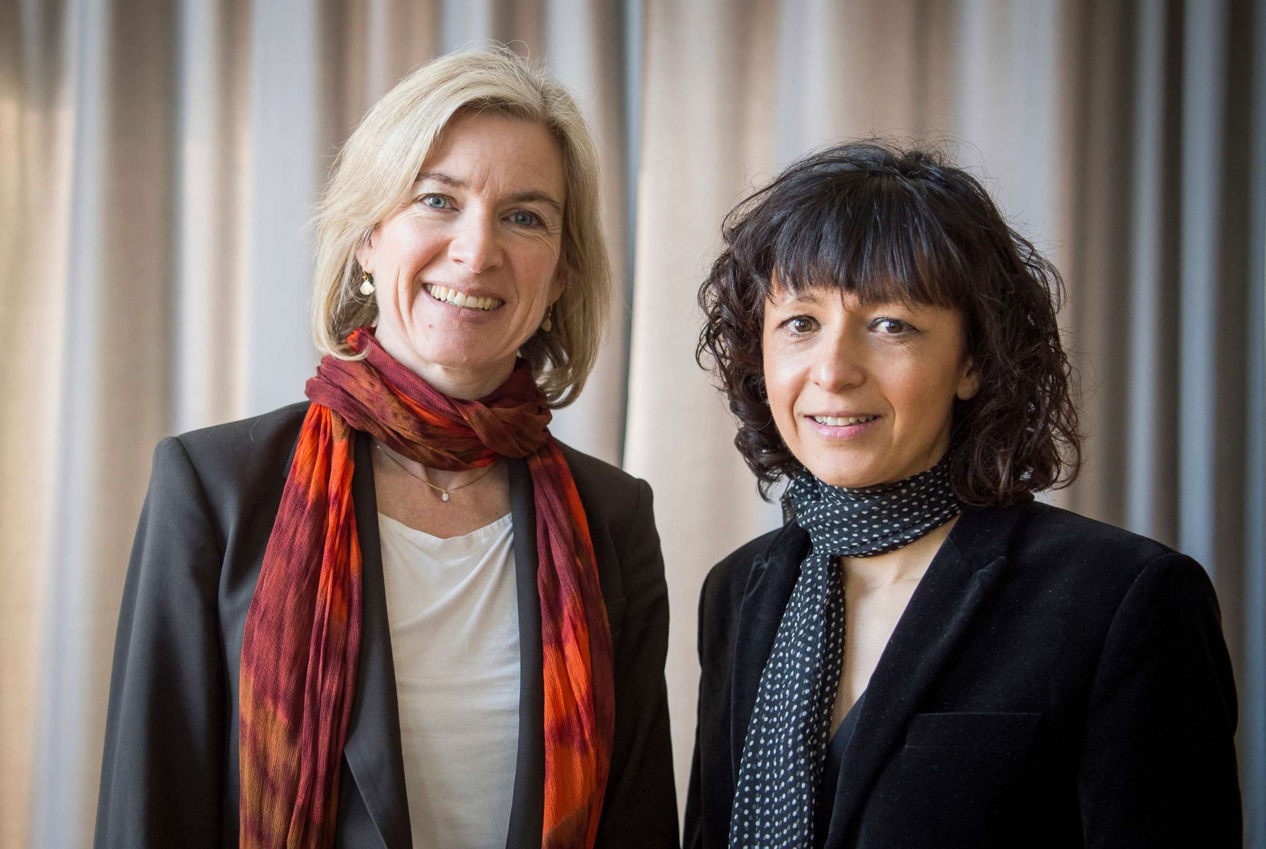 PHOTO:In this March 14, 2016 file photo American biochemist Jennifer A. Doudna, left, and the French microbiologist Emmanuelle Charpentier, right, poses for a photo in Frankfurt.