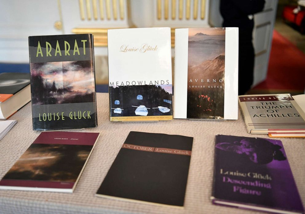 PHOTO: Books by Louise Gluck are displayed during the announcement of the 2020 Nobel Prize in literature, in Stockholm, Oct. 8, 2020.