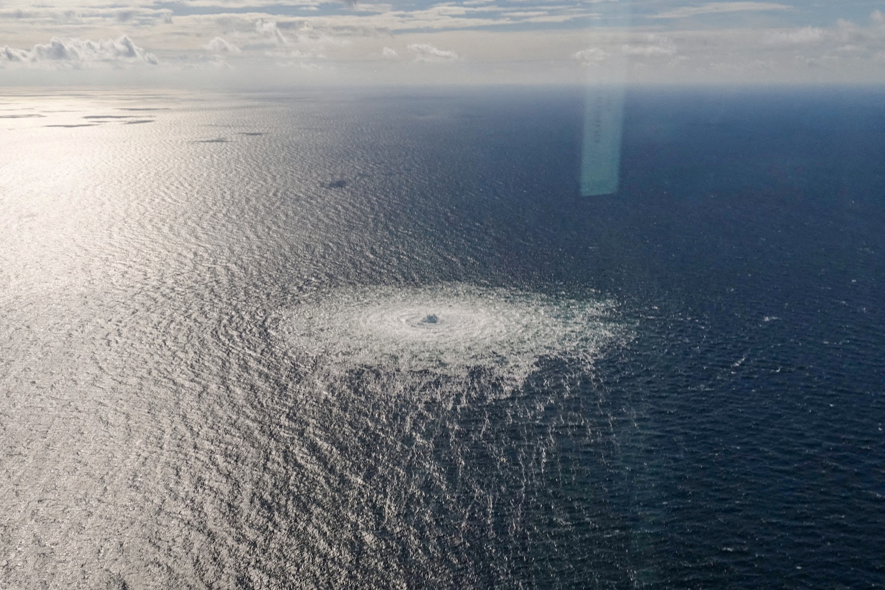 PHOTO: Gas leak at Nord Stream 2 as seen from the Danish F-16 interceptor on Bornholm, Denmark, Sept. 27, 2022. 