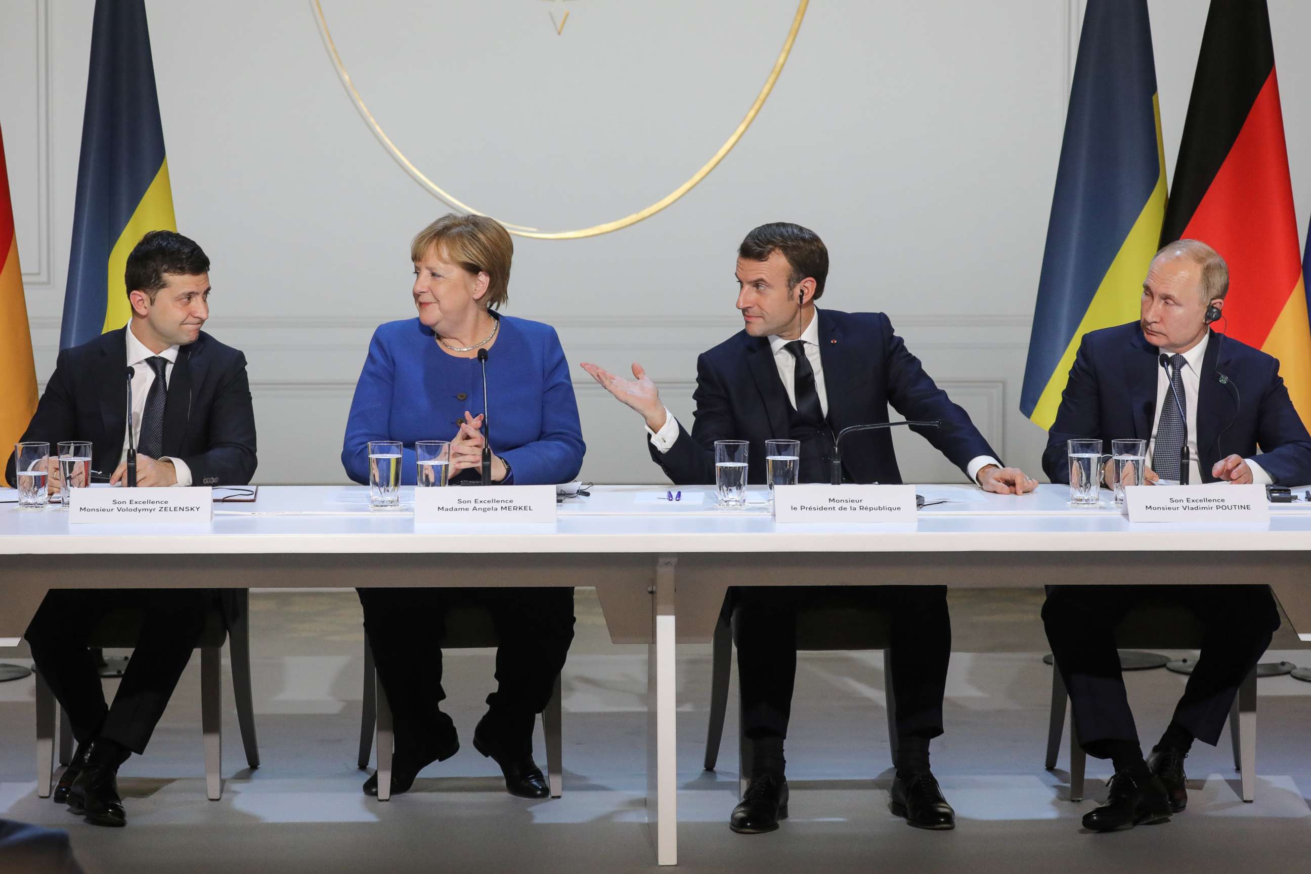 PHOTO: Ukrainian President Volodymyr Zelenskyy, German Chancellor Angela Merkel, French President Emmanuel Macron and Russian President Vladimir Putin give a press conference after a summit on Ukraine at the Elysee Palace, in Paris, Dec. 9, 2019.