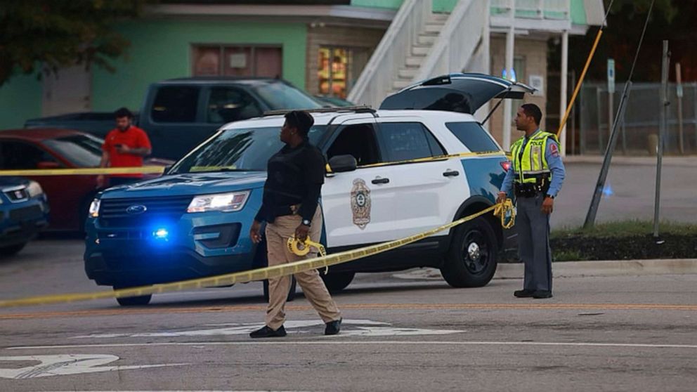 PHOTO: Law enforcement officers block off Old Milburnie Road during a shooting in Raleigh, N.C., Oct. 13, 2022. 