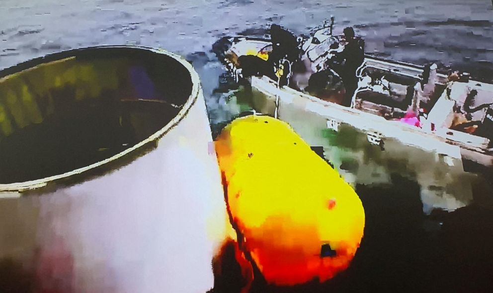 PHOTO: A handout picture shows what is believed to be a part of a space launch vehicle that North Korea said crashed into the sea off the west coast of the divided peninsula, South Korea, May 31, 2023.