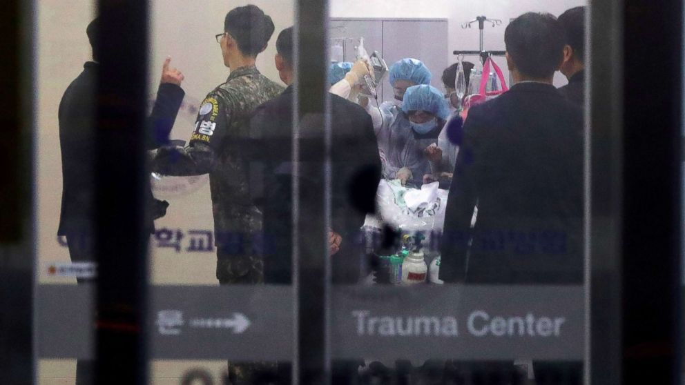 PHOTO: A South Korean military officer looks on as medical members treat an unidentified injured person, believed to be a North Korean soldier who defected, at a hospital in Suwon, South Korea, Nov. 13, 2017.