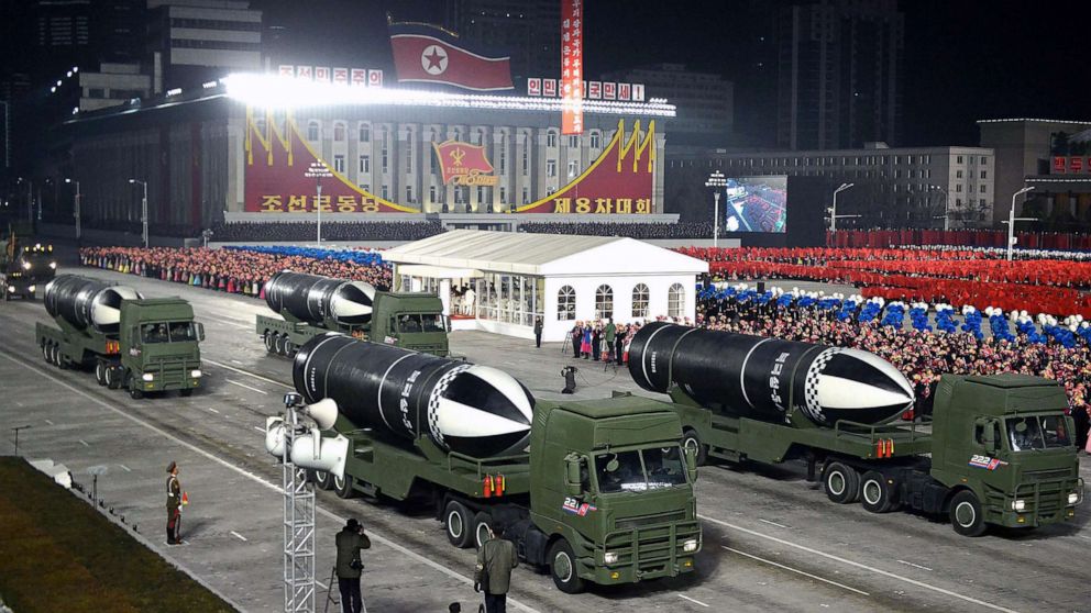 PHOTO: TThis picture taken on Jan. 14, 2021, shows what appears to be submarine-launched ballistic missiles during a military parade celebrating the 8th Congress of the Workers' Party of Korea (WPK) in Pyongyang.