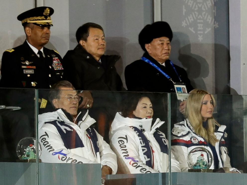 PHOTO: Kim Yong Chol, vice chairman of North Korea's ruling Workers' Party Central Committee, back right, watches the closing ceremony with South Korean President Moon Jae-in, left, Moon's wife Kim Jung-sook, and Ivanka Trump, Feb. 25, 2018.