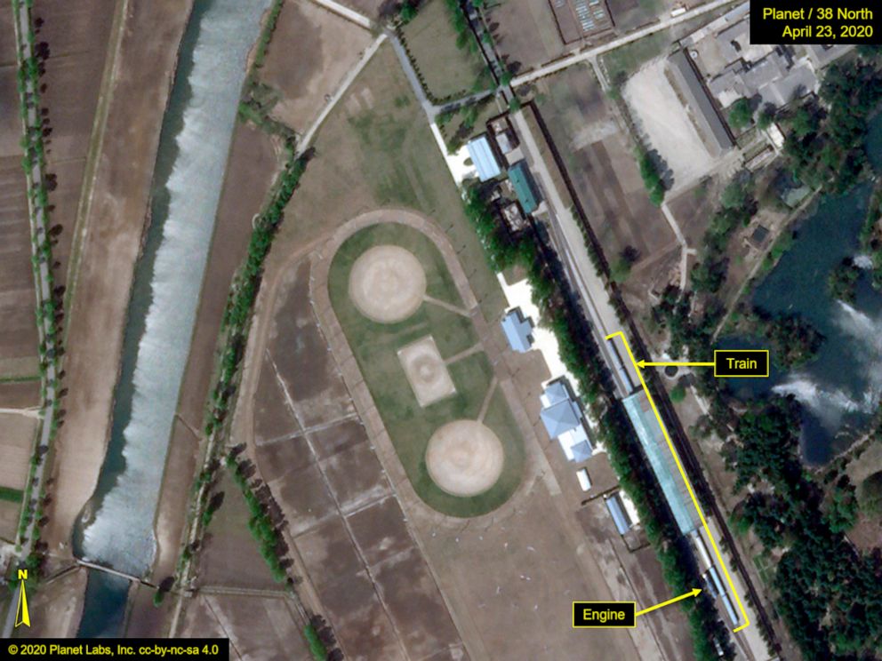 PHOTO: This Thursday, April 23, 2020, satellite image provided by Planet Labs and annotated by 38 North, a website specializing in North Korea studies, shows the Leadership Railway Station in Wonsan, North Korea.