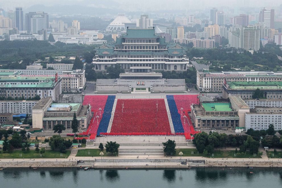 PHOTO: Rehearsals for celebrations marking the 70th anniversary of the founding of North Korea are undertaken in Kim Il-sung Square on Aug. 19, 2018 in Pyongyang, North Korea. 