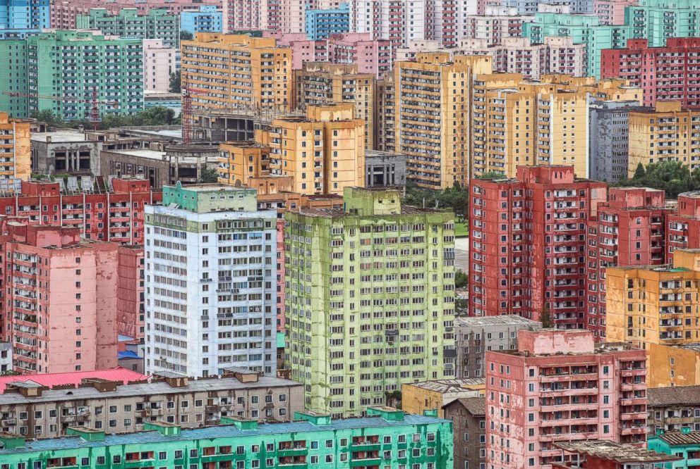 PHOTO: Apartment blocks are pictured from the viewing platform of the Juche Tower on Aug. 24, 2018 in Pyongyang, North Korea. 