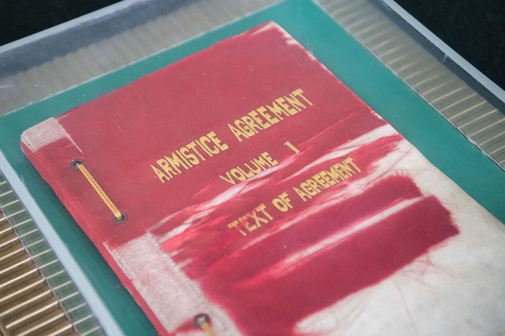 PHOTO: The original English copy of the armistice agreement that halted the Korean War is displayed on the North Korean side of the Demilitarised Zone (DMZ) on Aug. 24, 2018 in Kaesong, North Korea. 