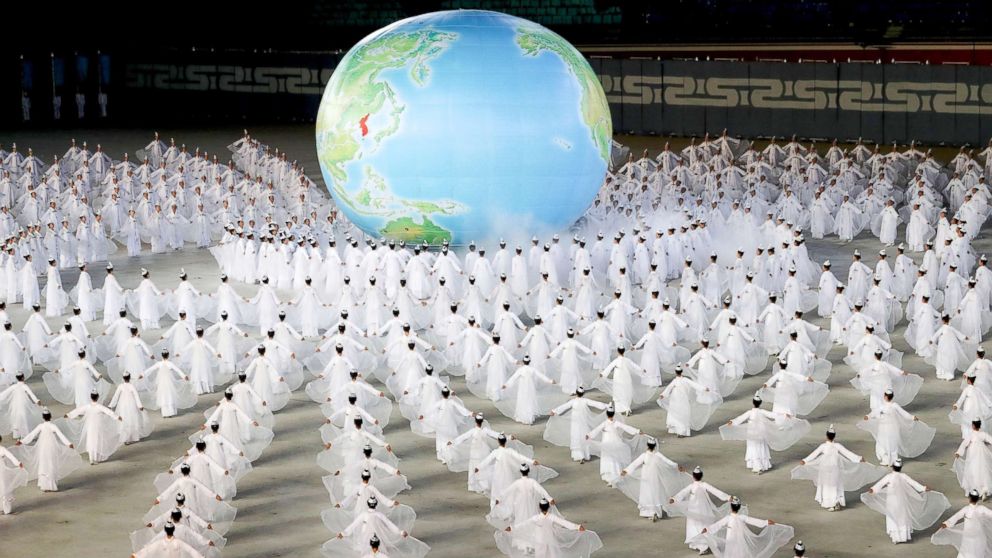 PHOTO: Performers take part in the Arirang Mass Games at the May Day stadium in Pyongyang, North Korea, Sept. 9, 2018.