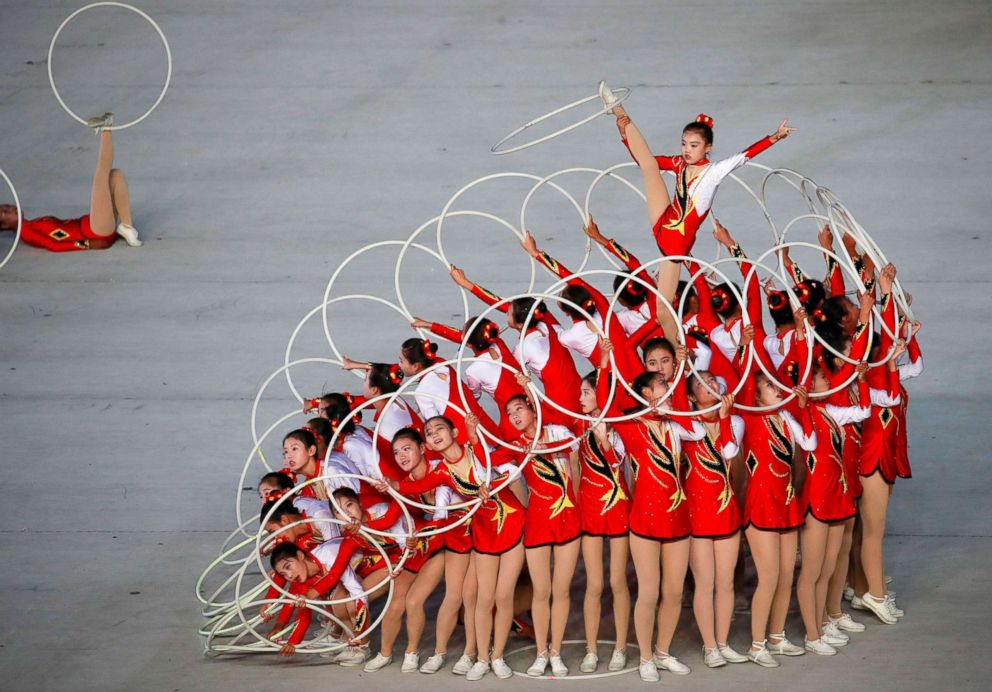 PHOTO: North Korean gymnasts perform in the Arirang Mass games celebrating the 70th anniversary of North Korea's foundation in Pyongyang, North Korea, Sept. 9, 2018.