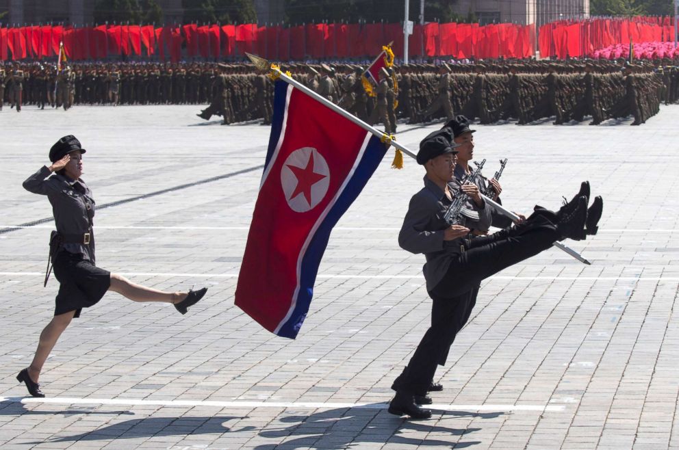 PHOTO: Soldiers march in a parade for the 70th anniversary of North Korea's founding day in Pyongyang, North Korea, Sept. 9, 2018.