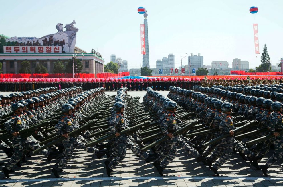 PHOTO: Soldiers march during a parade for the 70th anniversary of North Korea's founding day in Pyongyang, North Korea, Sept. 9, 2018.