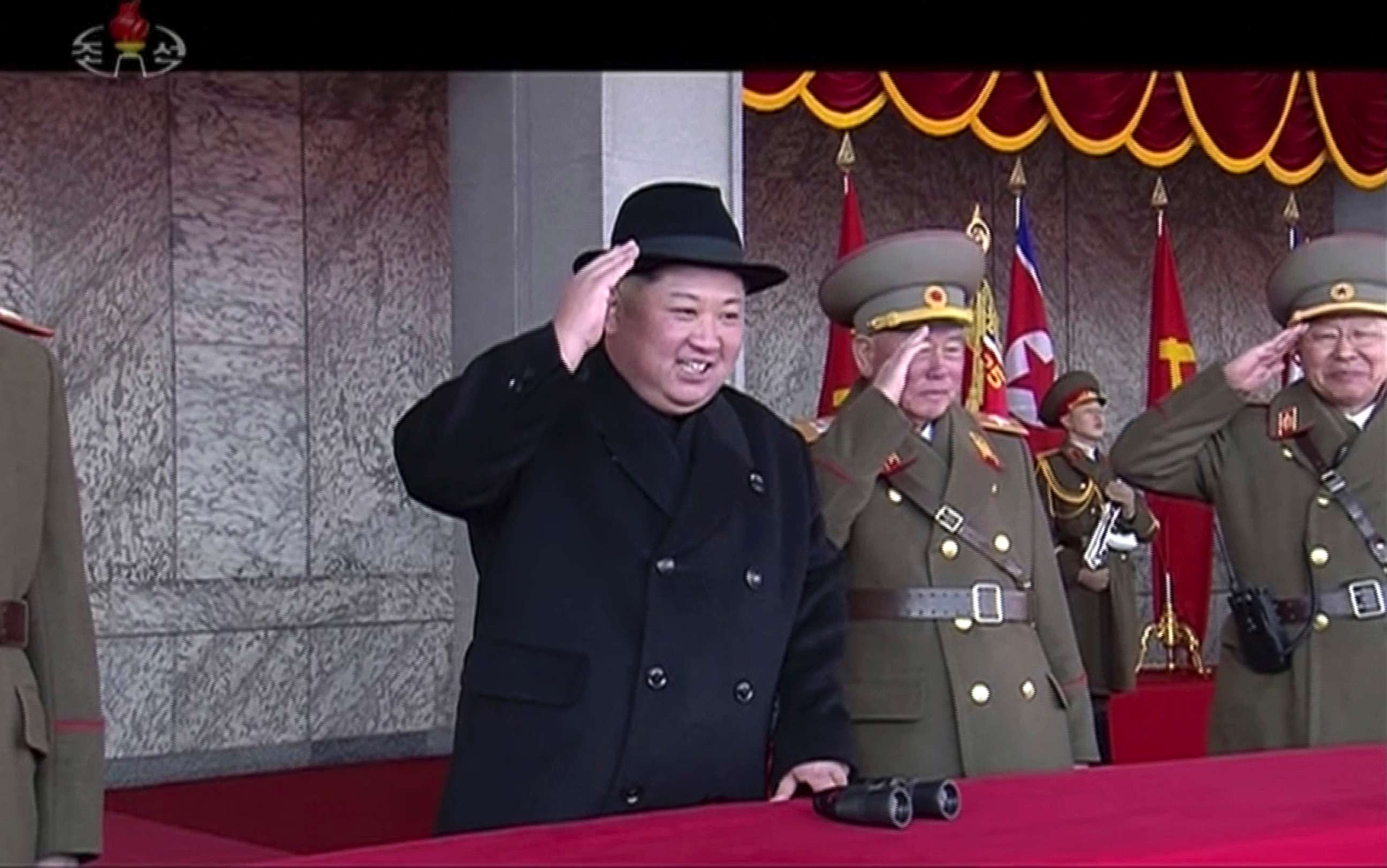 PHOTO: In this image made from video by North Korea's KRT, North Korean leader Kim Jong Un, center, attends a military parade in Pyongyang, North Korea, Feb. 8, 2018. 