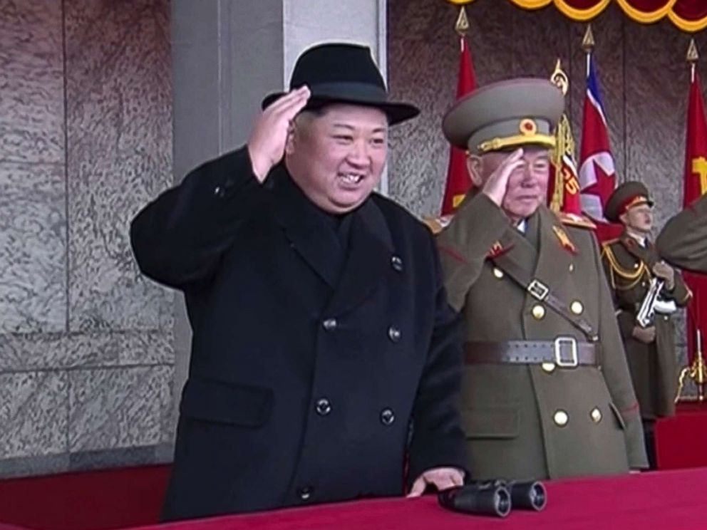 PHOTO: In this image made from video by North Koreas KRT, North Korean leader Kim Jong Un, center, attends a military parade in Pyongyang, North Korea, Feb. 8, 2018. 