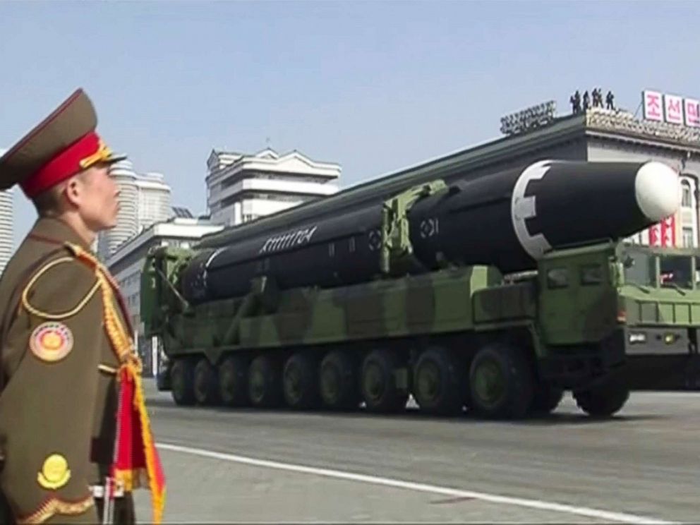 PHOTO: A military parade is held in Pyongyang, North Korea, Feb. 8, 2018, as seen from this image made from video by North Koreas KRT. 