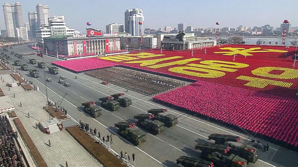 PHOTO: This screen grab taken from North Korea's KCTV, Feb. 8, 2018, shows members of North Korea's military taking part in a parade in Kim Il Sung Square in Pyongyang, North Korea.