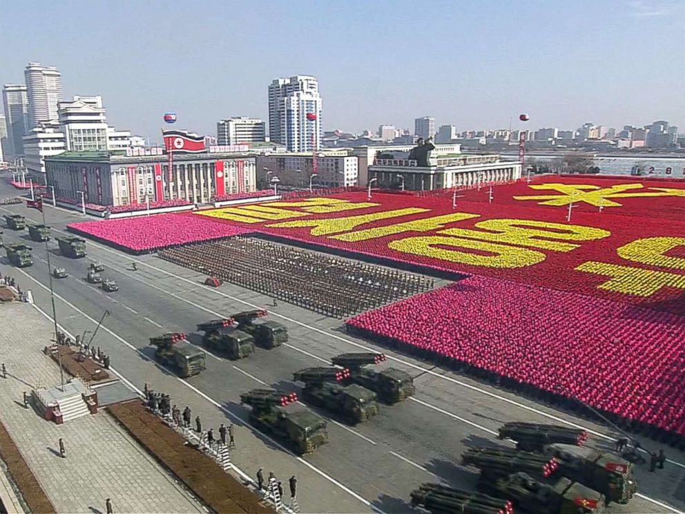 PHOTO: This screen grab taken from North Koreas KCTV, Feb. 8, 2018, shows members of North Koreas military taking part in a parade in Kim Il Sung Square in Pyongyang, North Korea.