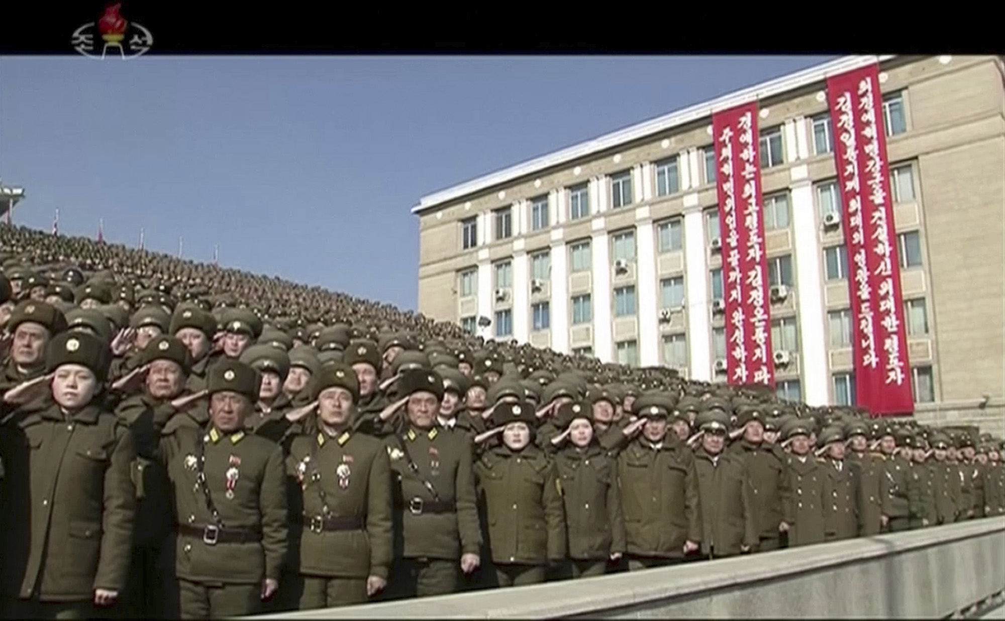 PHOTO: In this image made from video by North Korea's KRT, North Korean troops salute during a parade in Pyongyang, North Korea, Feb. 8, 2018.