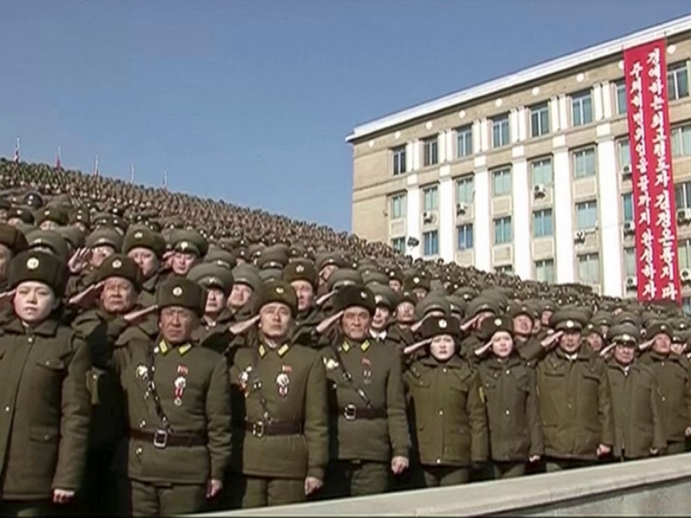 PHOTO: In this image made from video by North Koreas KRT, North Korean troops salute during a parade in Pyongyang, North Korea, Feb. 8, 2018.