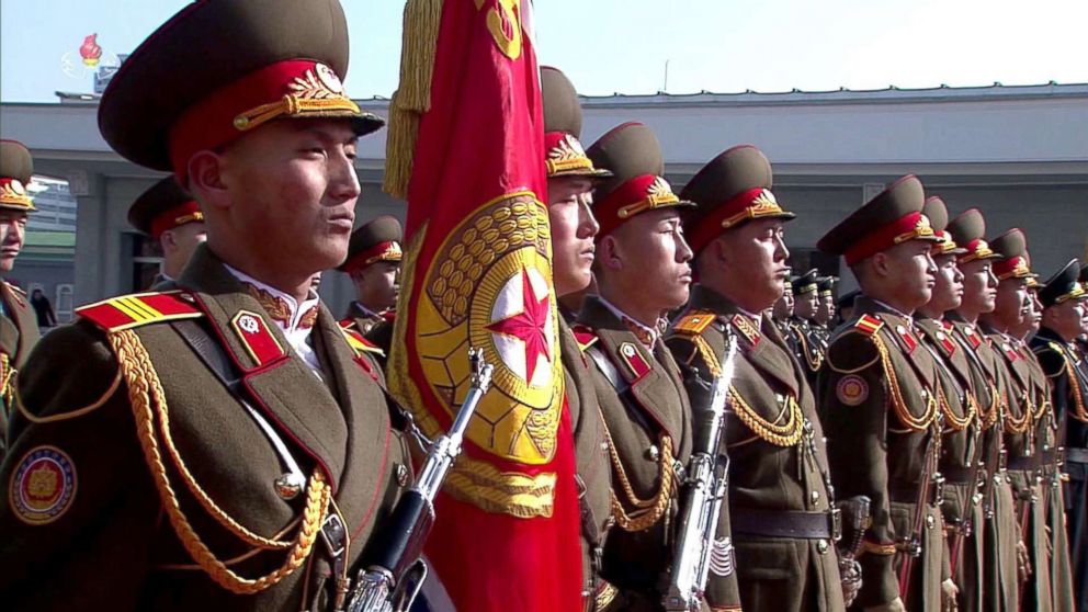 PHOTO: This screen grab taken from North Korea's KCTV, Feb. 8, 2018, shows members of North Korea's military taking part in a parade in Kim Il Sung Square in Pyongyang, North Korea.